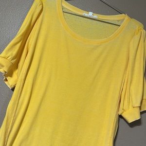 Jane + Delancey -bright yellow ribbed short puff sleeve top, mild burnout effect